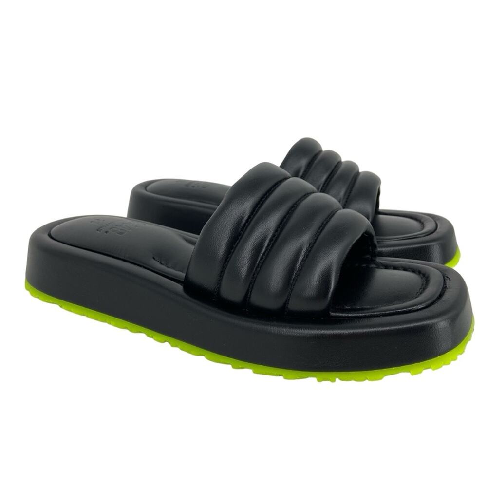 New P448 Fergie Puffy Quilted Black & Green Leather Slide Sandals Size 38